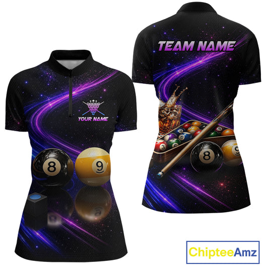Front and back views of a women's short-sleeve polo shirt on a white background. The shirt features a black base with a vibrant purple and pink cosmic galaxy print, decorated with 8-ball and 9-ball pool balls, a pool cue, and a beer glass graphic.