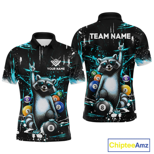 Custom Turquoise Funny Raccoon Billiard Shirt for Men 8 Ball Pool Billiard Jersey Polo & 1/4-Zip BHT5
