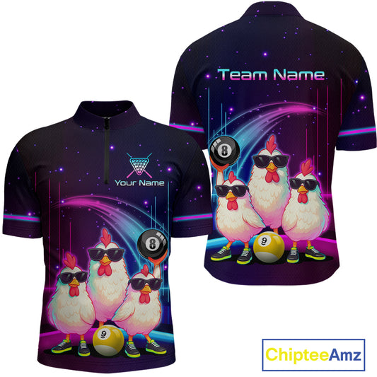 Front and back views of a short-sleeve quarter-zip jersey on a white background. The jersey features a dark purple and black starry space background with cartoon chickens wearing sunglasses, billiard balls, and neon pink and blue light streaks.