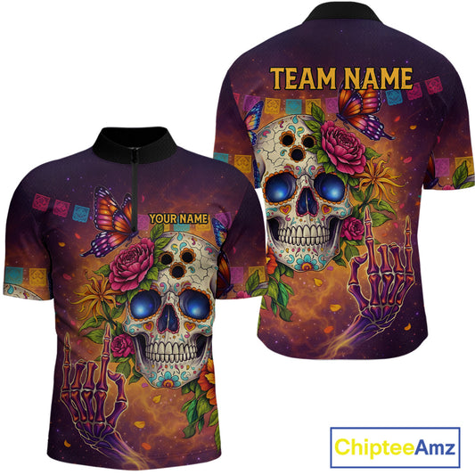 Custom Funny Sugar Skull Bowling Shirt for Men Bowling Team Jersey Polo & Quarter-Zip Bowling Outfit QZT909