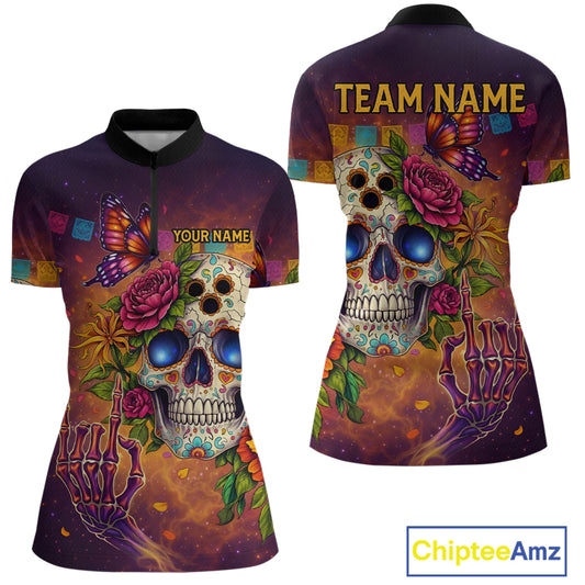 Custom Funny Sugar Skull Bowling Shirt for Women Bowling Team Jersey Polo & Quarter-Zip Bowling Outfit QZT909
