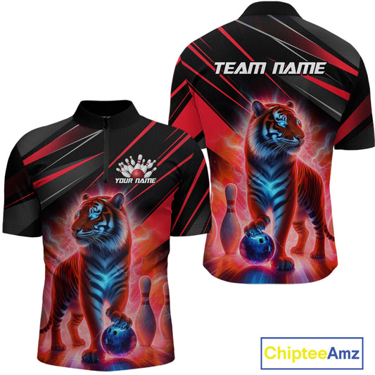 Red Tiger Bowling Team Shirt Custom Bowling League Jersey for Men Bowling Outfit Polo & 1/4 Zip QZT773