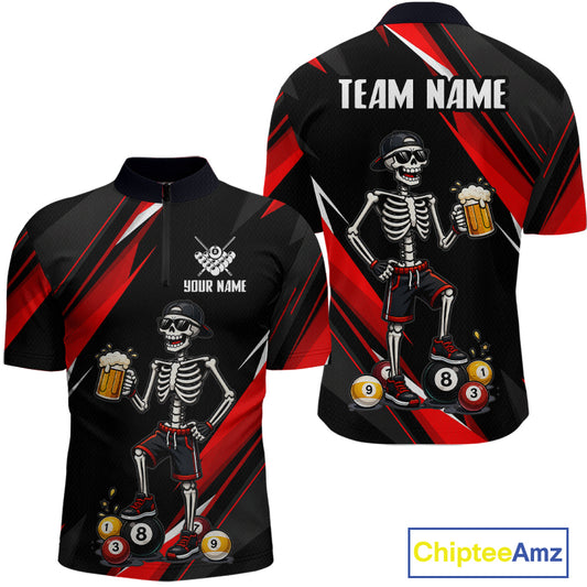 Black and red sports jersey with skeleton design and customizable text on a white background