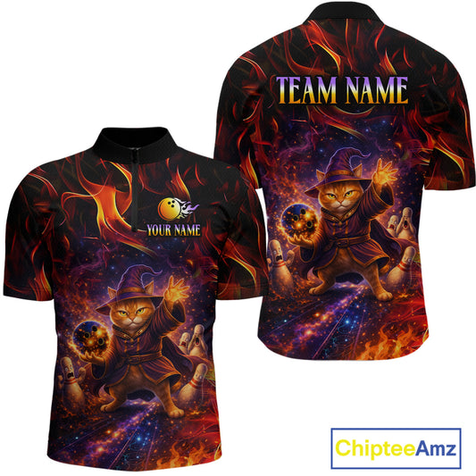Custom Funny Cat Wizard Bowling Shirts for Men Flame Bowling Jersey for Team Bowling Outfit QZT921