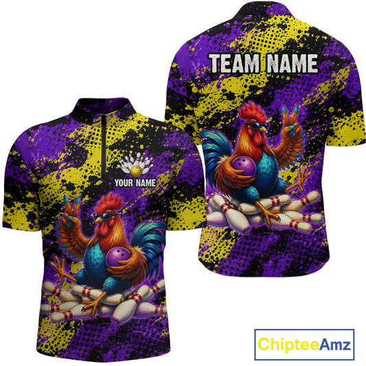 Purple & Yellow Chicken Bowling Shirt for Men Custom Bowling Jersey Rooster Polo & 1/4-Zip QZT1034