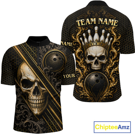 Custom black & gold skull crown bowling quarter-zip shirt, front and back views, bowling league jersey for men