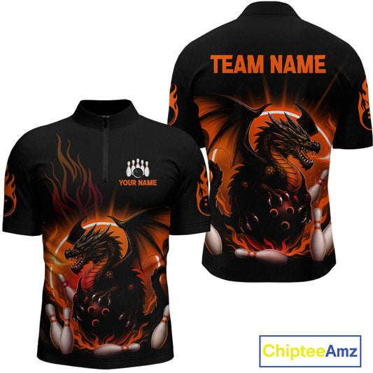 Black short-sleeve zip-up athletic jersey shown from front and back, featuring a large fiery dragon graphic in orange, red, and black, with placeholder text 'YOUR NAME' on the front and 'TEAM NAME' on the back. A ChipteeAmz logo appears in the bottom right corner.