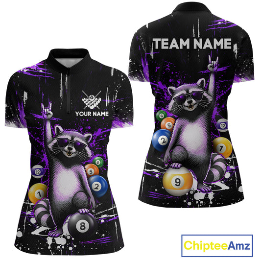 Black quarter-zip shirt with a raccoon design holding pool balls, customizable text, and Chiptee Amz branding.