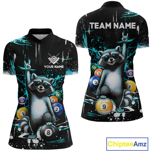 Quarter-zip shirt with raccoon design and customizable text on a black background
