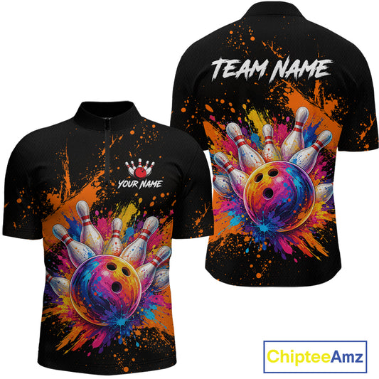 Black short-sleeve bowling-themed team shirt shown from front and back on a white background. The front has a colorful bowling ball and pins graphic with placeholder text 'YOUR NAME' and a bowling pin logo.
