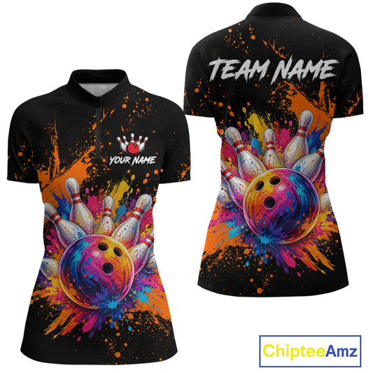 Front and back views of a women's short-sleeve polo shirt with a colorful bowling ball and pins graphic on a black background, featuring customizable text areas and a ChipteeAmz logo in the bottom right corner.