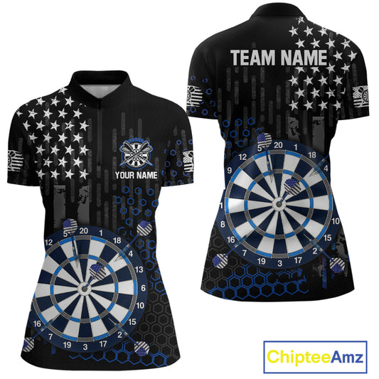 Custom darts quarter-zip jersey for women with grey American flag design and dartboard graphic, personalized team name and player name by ChipteeAmz