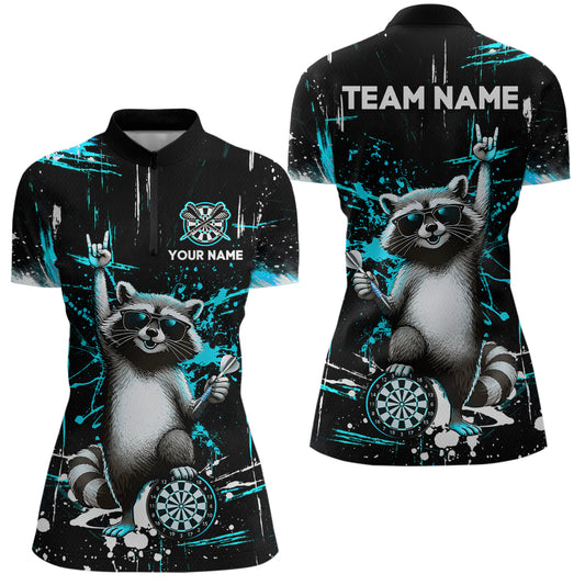 Custom Turquoise Funny Raccoon Dart Team Shirt for Women Dart Jersey Polo & /4-Zip Dartboard Shirt Outfit DHT29