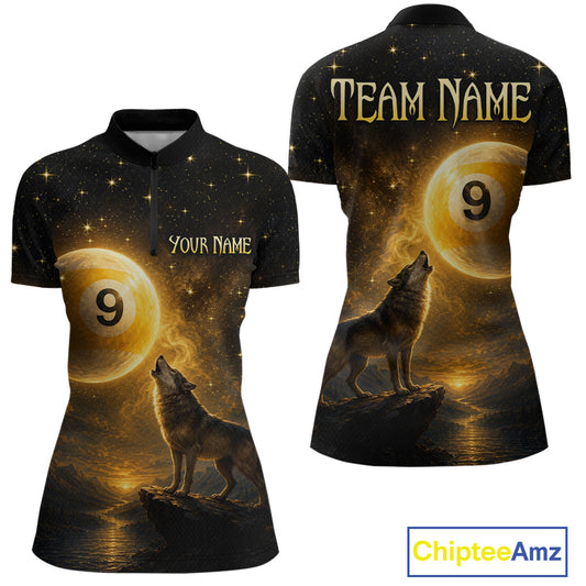 Custom short-sleeve quarter-zip jersey shown from the front and back, featuring a dark cosmic print with stars, a glowing gold moon with the number 9, a howling wolf on a rock, and placeholder text 'TEAM NAME' and 'YOUR NAME'.