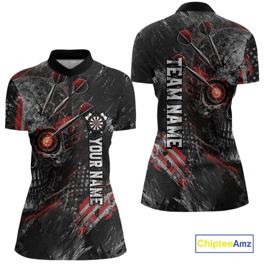 Personalized Skull Dart Team Shirt for Women Custom Red Dart Jersey Polo & 1/4-Zip Dartboard Shirt Outfit DHT23