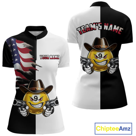 Custom American Flag Funny 8 Ball Pool Billiard Shirts for Women Billiard League Jersey Polo & 1/4 Zip BHT1