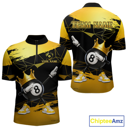 Front and back view custom black and gold geometric crown 8 ball billiard quarter-zip shirt featuring personalized team name design