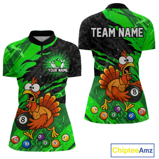 Front and back views of a short-sleeve polo shirt with a green and black splatter background, featuring a cartoon turkey and billiards theme. The front has a mock zipper, customizable text 'YOUR NAME', and pool balls.