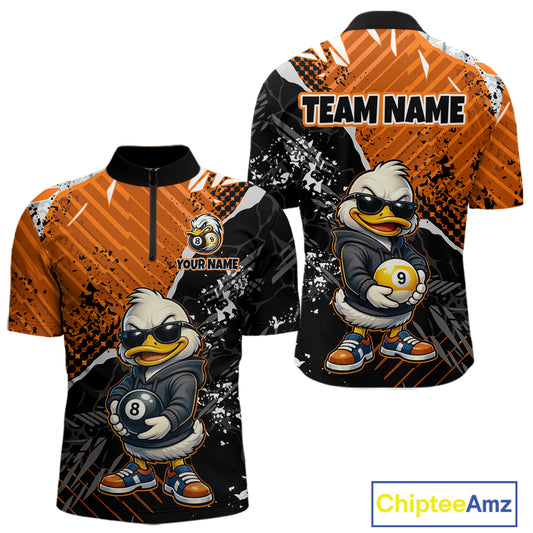 Front and back views of a short-sleeve quarter-zip billiard shirt with an all-over cartoon duck mascot graphic, orange diagonal stripes, black splatter effects, and customizable text areas on a white background.