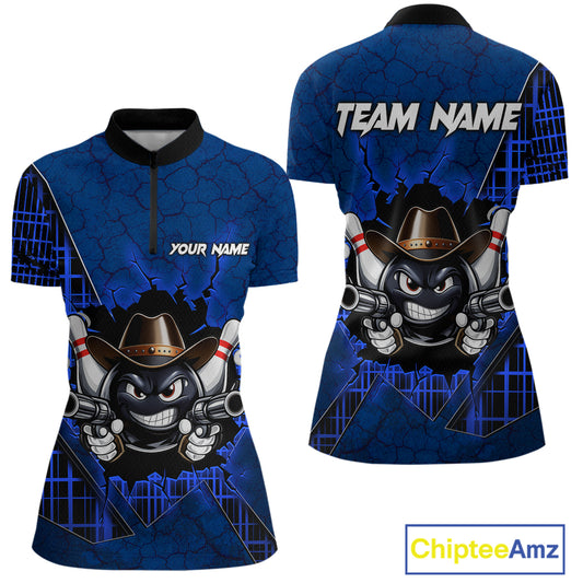 Custom Blue Funny Cowboy Gun Bowling Shirt for Women Bowling Team Jersey Bowling Polo & Quarter-Zip QZT915