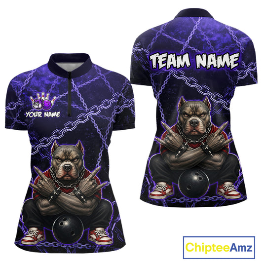 Custom purple cool pit bull bowling quarter-zip shirt, front and back views, bowling league jersey for women