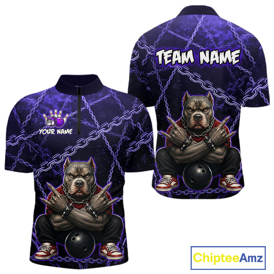 Custom purple cool pit bull bowling quarter-zip shirt, front and back views, bowling league jersey for men