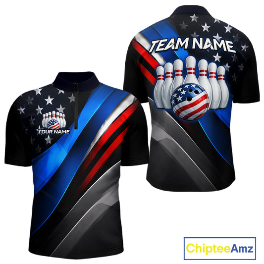 Custom American Flag bowling quarter-zip shirt, front and back views, bowling league jersey for men