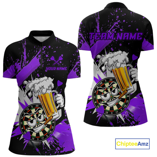 Front and back views of a women's short-sleeve quarter-zip jersey with a black and purple all-over graphic print featuring a cartoon dartboard character holding a beer mug, customizable text placeholders, and a ChipteeAmz logo in the bottom right corner.