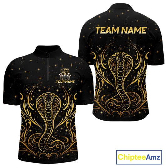 Custom black & gold cobra bowling quarter-zip shirt, front and back views, bowling league jersey for men