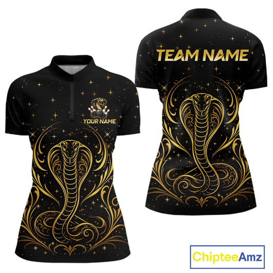 Custom black & gold cobra bowling quarter-zip shirt, front and back views, bowling league jersey for women