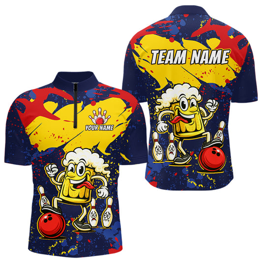 Red & Yellow Funny Beer Bowling Shirt Custom Navy Bowling Jersey for Men Bowling Team QZT811