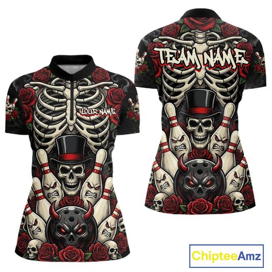 A short-sleeve polo shirt shown from the front and back, featuring a detailed all-over graphic print of a skeleton rib cage, skulls, roses, and bowling pins in black, white, red, and gray. The back has a large 'TEAM NAME' placeholder text across the shoulders.