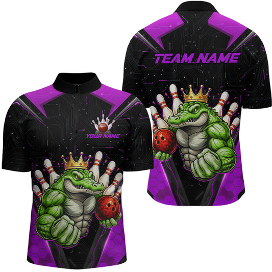 Custom Funny Purple Crocodile Bowling Shirt Alligator Bowling Jersey for Men Polo & 1/4 Zip QZT823