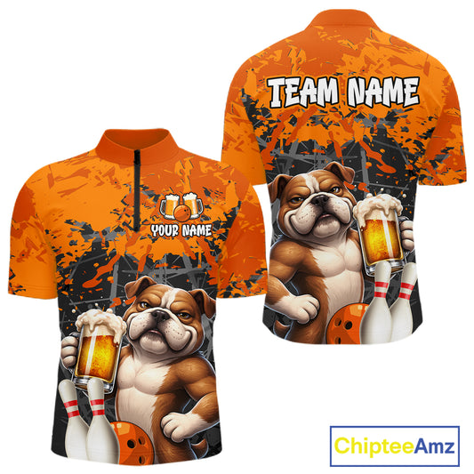 Orange Bull Dog & Beer Bowling Shirt for Men Custom Bowling Team Jersey Bowling Outfit QZT998