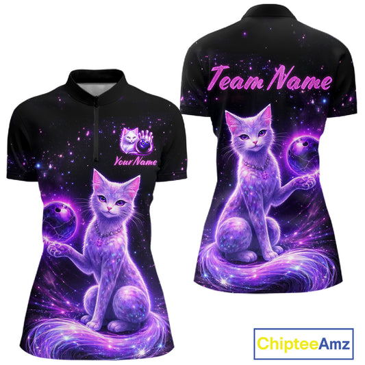 Cat Aurora Galaxy Bowling Shirt for Women Custom Neon Glow Bowling Jersey Polo & Quarter-Zip QZT968