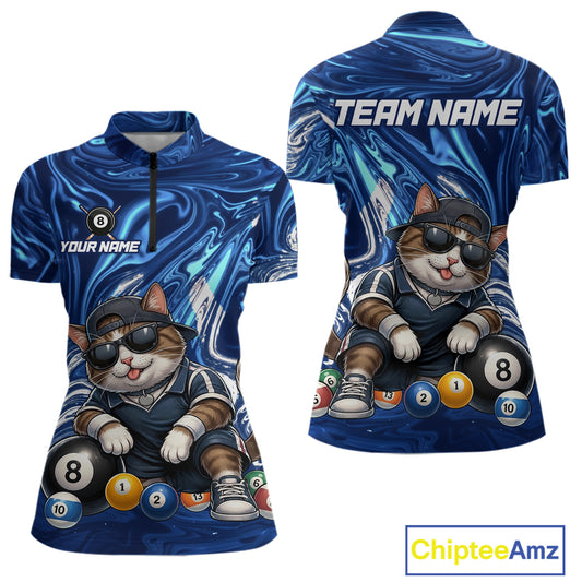 Blue marbled sports jersey with a cat design and billiard balls, featuring 'Chiptee Amz' branding.