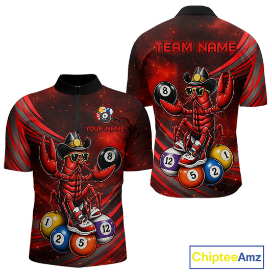 Red and black sports jersey with crawfish design and billiard balls, customizable text on a white background.