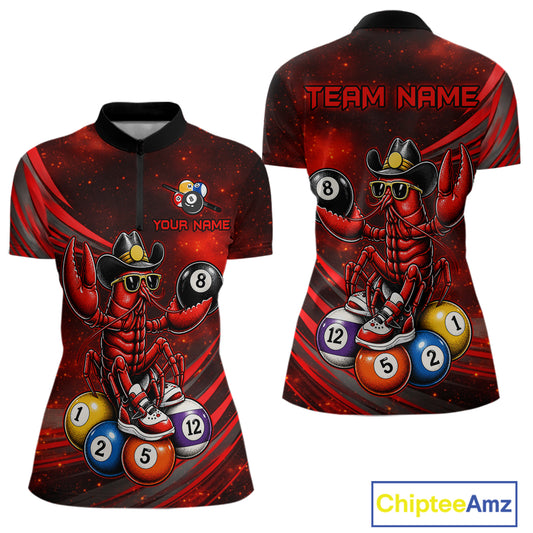 Customizable sports jersey with a crawfish design and customizable text on a red and black background.
