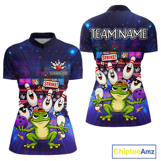 Custom Funny Frog Bowling Shirt for Women Polo & Quarter-Zip Bowling Team Jersey League QZT1006