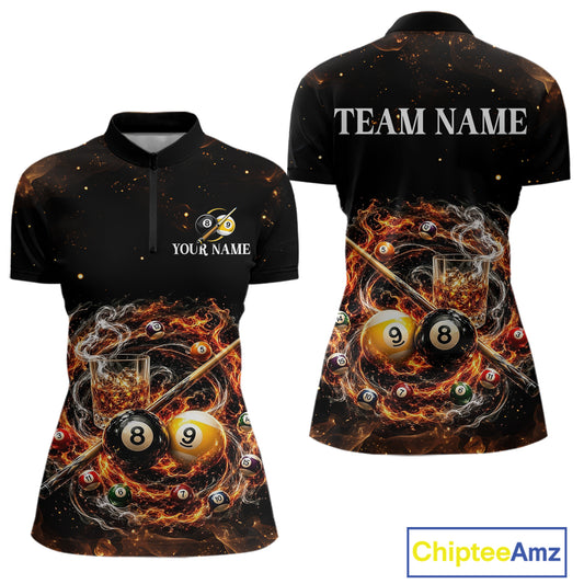 Black polo shirt with fiery design and customizable text on a white background