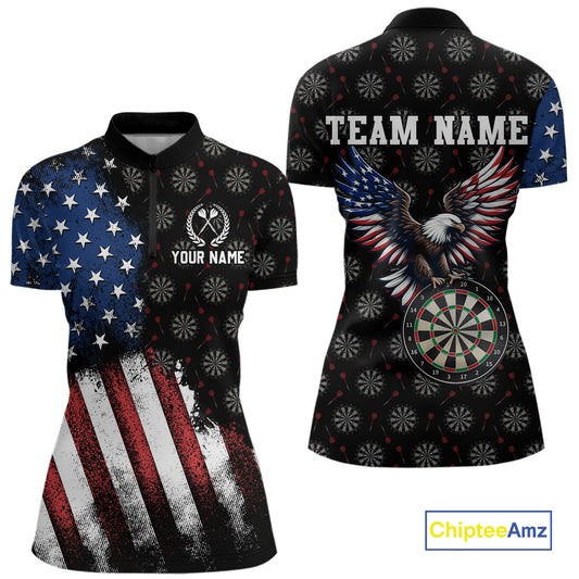 Front and back views of a custom quarter-zip darts shirt for women, highlighted by a distressed US flag, bald eagle dartboard graphic, and team name