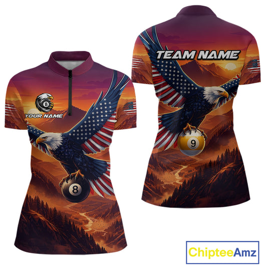 Customizable polo shirt with eagle and billiard ball design, featuring 'Your Name' and 'Team Name' text.