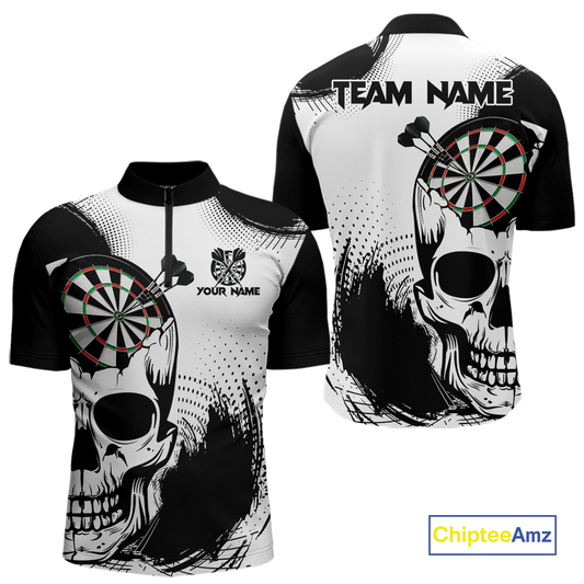 Personalized Skull Dart Shirts for Men Custom Black & White Dart Jersey Polo & Quarter-Zip Dartboard Shirt DHT24