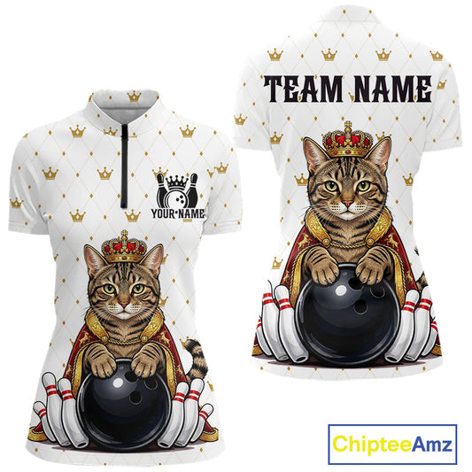Funny Cat King Bowling Shirt, Custom Crown Bowling League Jersey for Women, Bowling Outfit QZT1202