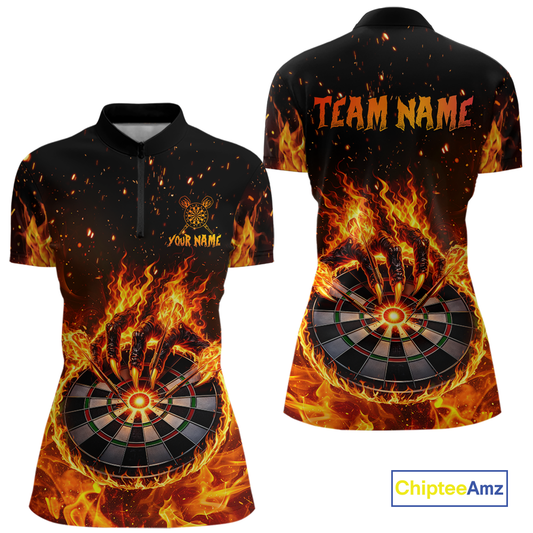 Custom Orange Flame Demon Hand Dart Shirt for Team Dart Jersey for Women Polo & 1/4 Zip DHT13