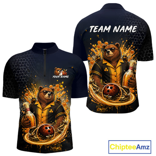 Custom black & gold bear bee & beer bowling quarter-zip shirt, front and back views, bowling league jersey for men
