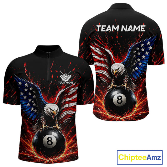 Black quarter-zip jersey with eagle design and 8-ball, customizable text on a white background