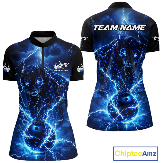 Custom Blue Lightning Thunder Leopard Bowling Shirt Polo & 1/4 Zip Bowling League for Men QZT833