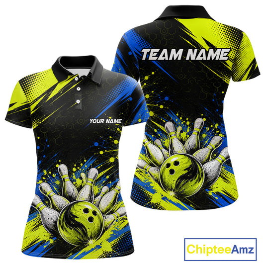 Custom bowling-themed short-sleeve polo shirt shown from the front and back. The design features a black base with vibrant neon yellow and blue paint splatter graphics, a bowling ball and pins motif, and customizable text placeholders 'TEAM NAME' and 'YOUR NAME'.