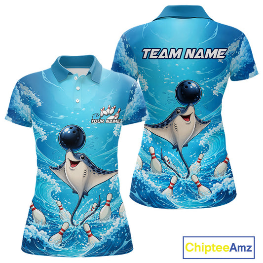 Front and back views of a blue short-sleeve polo shirt with a cartoon stingray bowling graphic, white waves, bowling pins, and customizable text areas on the chest and back, shown on a white background with a ChipteeAmz logo in the corner.